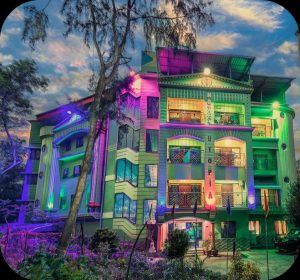 a building with colorful lights